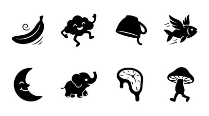 Obraz premium Cute Surreal Icon Collection Featuring Smiling Cloud, Flying Fish, Banana, Elephant, Melting Clock and Whimsical Characters