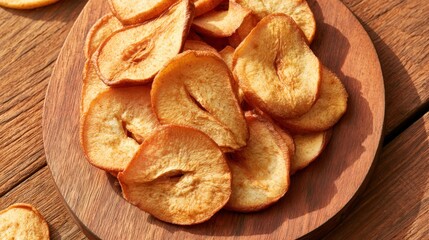 Naklejka premium Golden apple slices rest on a wooden plate