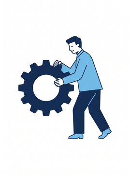 Flat vector illustration of a professional worker pushing a large mechanical gear representing business productivity and technical efficiency