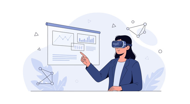 Woman using VR headset interacts with virtual reality financial data charts and graphs on a presentation screen