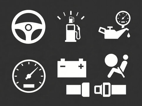Car dashboard interface flat vector icons set. Minimalist automotive control panel symbols and vehicle indicators collection. High contrast graphic design for mobile app and web UI.