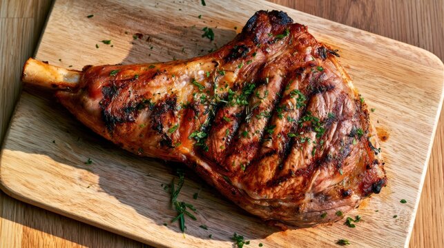 Grilled pork leg rests on wooden board