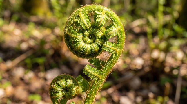 Macro Close Up of Fresh Green Fern Fiddlehead Unfurling in Natural Spiral