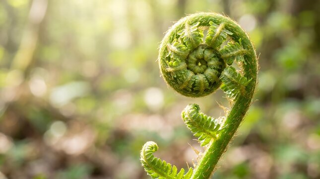 Macro Close Up of Fresh Green Fern Fiddlehead Unfurling in Natural Spiral