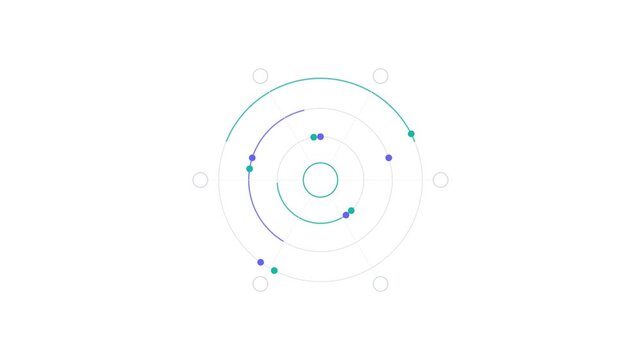 Abstract radar interface graphic with concentric circles and digital data points on white background