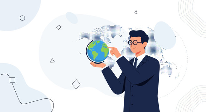 Businessman Holding Globe, Touching World Map, Global Business Strategy and Technology Concept