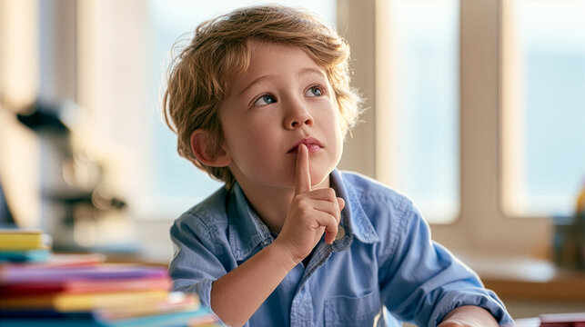 A curious young boy wearing a light blue shirt studying science at a wooden desk, holding up one finger after discovering an exciting idea, colorful science books