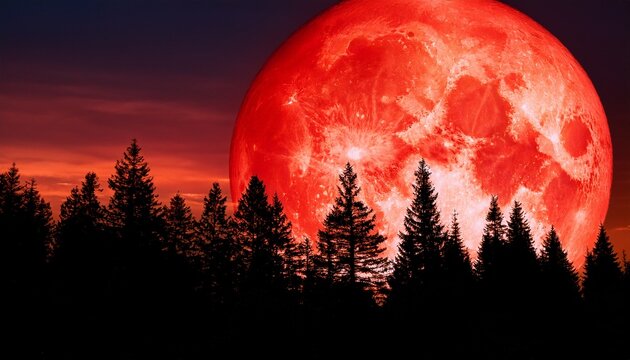 red moon silhouette a full red moon silhouetted against high pine trees in a night sky