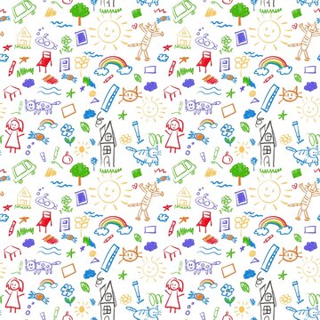 Colorful Children's Hand Drawn Doodle Seamless Pattern with Crayon Illustrations