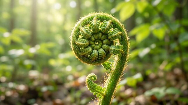 Spiral Unfurling Fern Frond with Fibonacci Pattern in Lush Forest Bokeh
