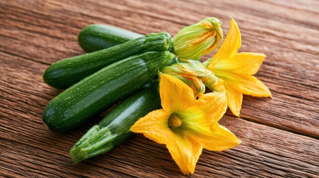 Fresh zucchinis rest beside vibrant yellow blossoms