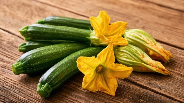 Fresh zucchinis rest beside vibrant yellow squash flowers