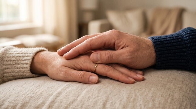 A comforting hand rests gently on another, symbolizing empathy, support, and the deep bond of human connection. The warm, soft lighting creates a serene atmosphere of care and understanding.
