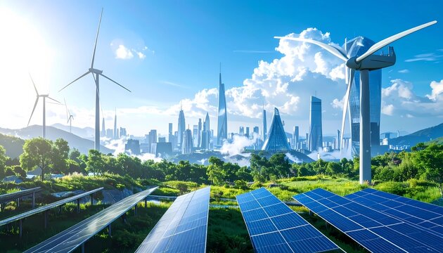 Modern sustainable city skyline with solar panels in the foreground and a large wind turbine, bright sunny blue sky, clean green trees, renewable energy