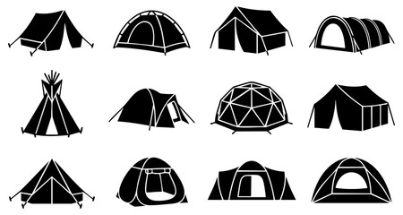 Various camping tent silhouettes in a grid layout for outdoor adventures © Milon Store