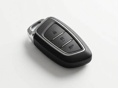 Modern smart car key fob with central locking 3D illustration. Vehicle security and auto access concept design. Minimalist remote control key isolated on white background.