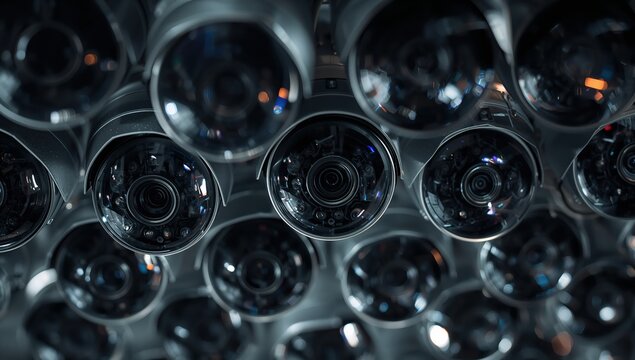 Close up of multiple surveillance cameras with reflective lenses. Security monitoring, video recording, artificial intelligence, privacy and technological observation concept.