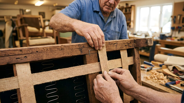 Upholsterer stretching and stapling jute webbing straps across wooden furniture frame over zig-zag springs.