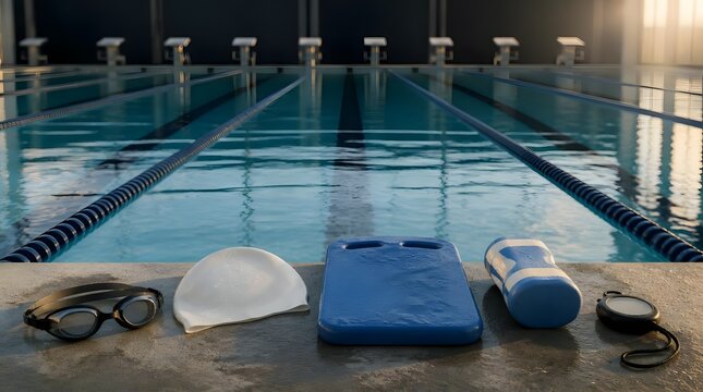 Swimming pool edge with goggles cap kickboard and stopwatch ready for training
