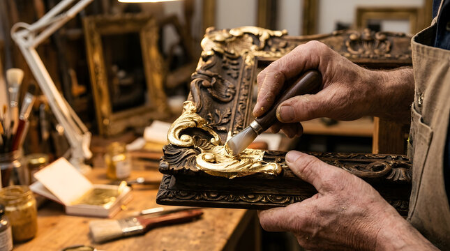 Frame conservator using agate burnisher to smooth real gold leaf onto carved ornate picture frame corner.