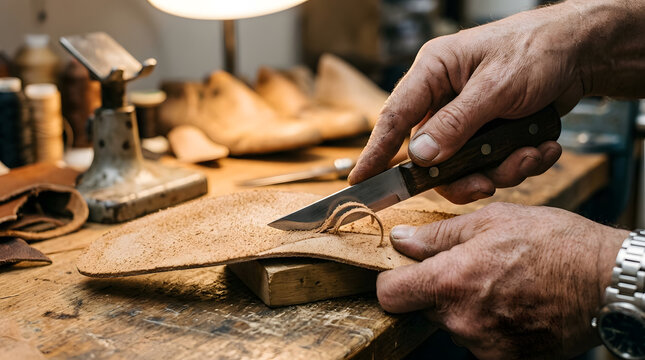 Cobbler using leather skiving knife to pare down edges of leather insole at workbench.