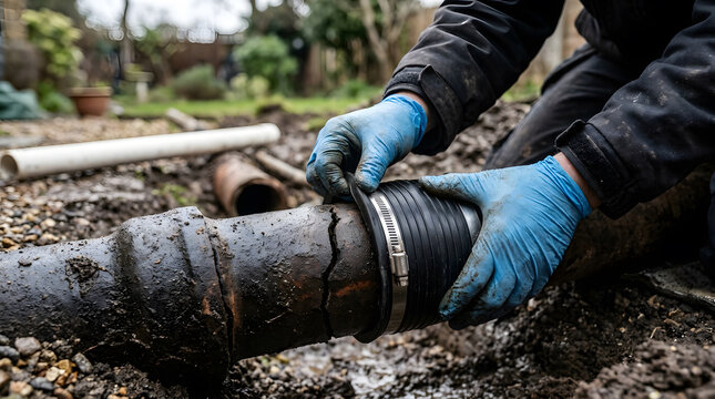 Plumber placing flexible rubber coupling sleeve over cracked clay sewer pipe joint outdoors.
