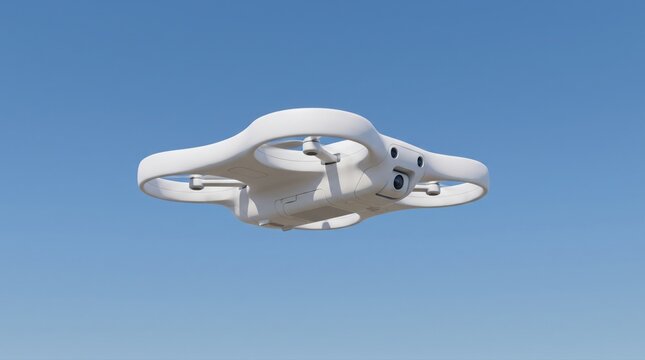White drone hovering in clear blue sky for aerial photography and surveillance technology