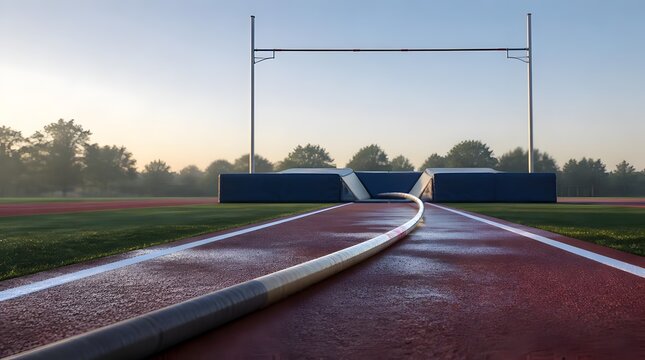 Pole vault crossbar and runway on outdoor sports field at dawn