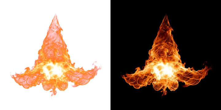 Erupting fireball burst in pointed wizard hat shape burning effect cutout with real transparency