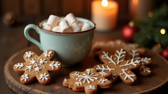 Gingerbread cookies and hot cocoa with marshmallows on wooden table, candlelight