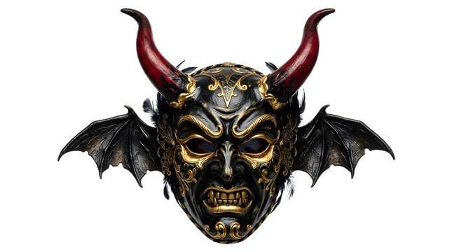 Intricate demon mask with horns and gold details on transparent background