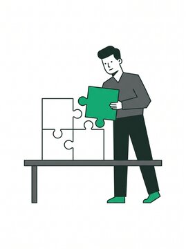 A man connecting the final piece of a jigsaw puzzle on a table, representing problem solving and teamwork concept