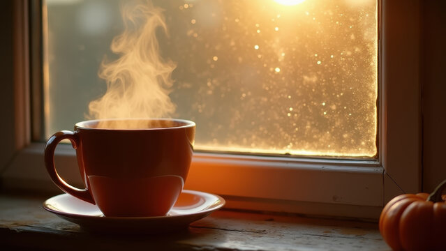 Steaming pumpkin spice latte on rain-streaked windowsill, golden afternoon light
