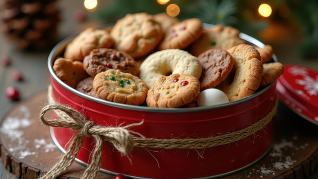 Christmas cookie tin overflowing with assorted homemade treats, rustic ribbon