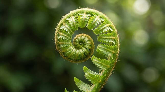 Intricate Spiral Pattern of Green Fiddlehead Fern with Leaflet Detail