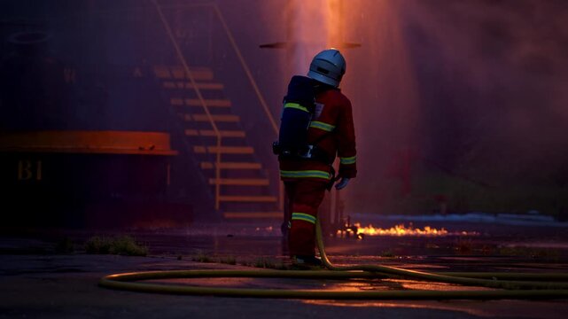 Firefighters wearing protective gear are using hoses to clear an oil vent during an outdoor fire drill