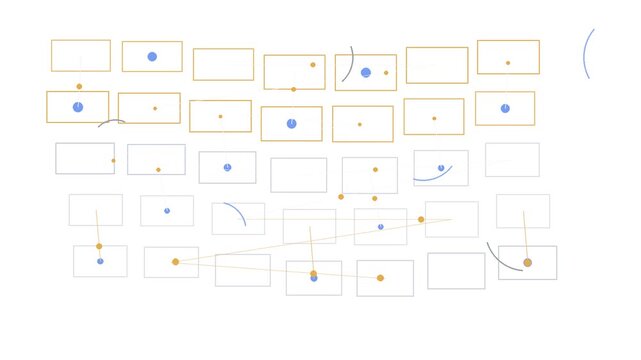 Minimalist geometric pattern of rectangular blocks with scattered colorful circular dots and flowing arc lines on a clean white background