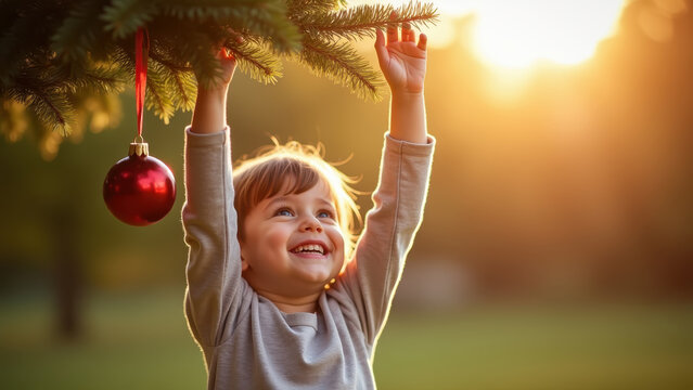 Child reaching up to hang ornament on lower tree branch, candid joyful family moment