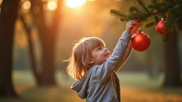 Child reaching up to hang ornament on lower tree branch, candid joyful family moment