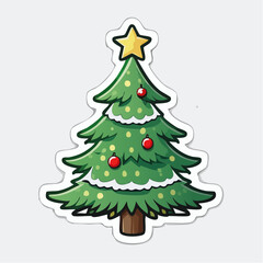 Fototapeta premium Christmas tree sticker icon with star and red ornaments, festive holiday decoration concept