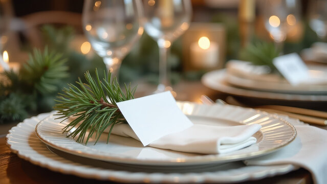 Place settings with handwritten name cards and pine sprigs, elegant rustic Christmas table detail