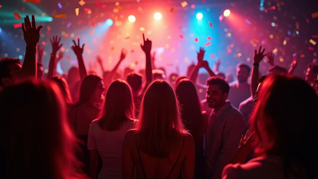 Karaoke Christmas party with colorful lights and confetti