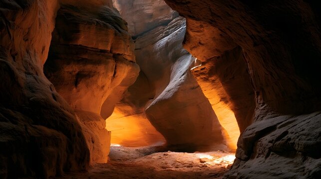 Warm amber light illuminates smooth rock formations inside a narrow canyon passage with textured walls and sandy floor