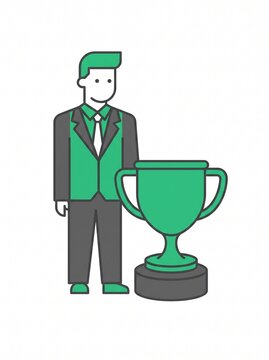 Businessman in green suit standing next to a large winning trophy cup