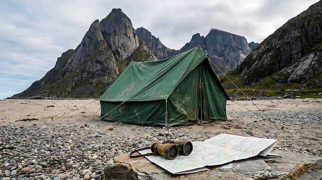 Vintage Canvas Tent Map and Binoculars on Sandy Beach, summer travel destination