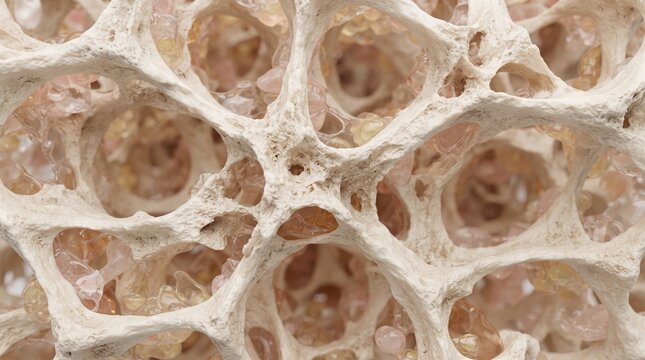 Osteoporosis Texture: Close-up view of porous bone tissue, illustrating the delicate, interconnected structure that signifies bone loss and fragility.