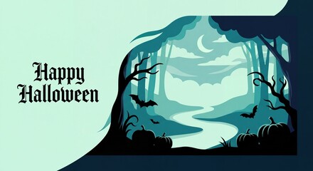 Fototapeta premium Happy Halloween greeting card illustration with a spooky forest scene featuring bats pumpkins and a crescent moon background