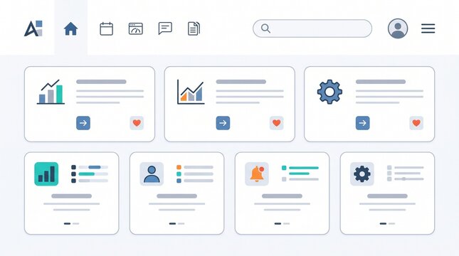 Flat lay web design UI kit with icons, buttons, and navigation elements for modern apps