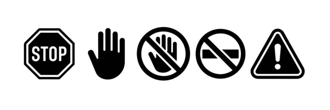 Stop hand no touch no smoking warning triangle signs black vector.