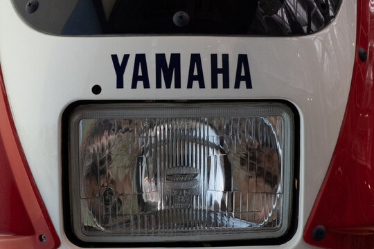 Edinburgh, Scotland - July 29, 2026: Yamaha motorcycle headlight and logo close up